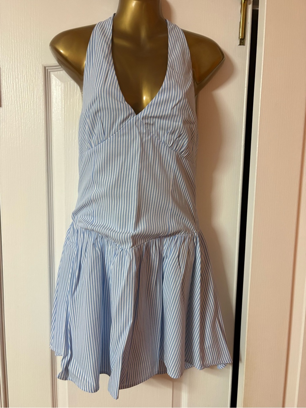 Light Blue Stripe Halter Mini Dress